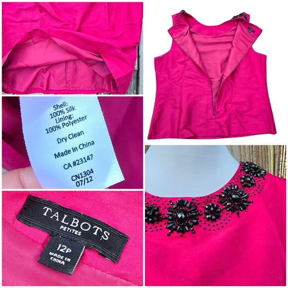 Pink Silk Blouse Talbots Size 12P Sleeveless Top Magenta Black Beaded Neckline - Picture 4 of 9